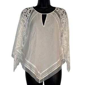 Lace Sleeve Poncho Top Keyhole‎ Neckline Sheer White Overlay